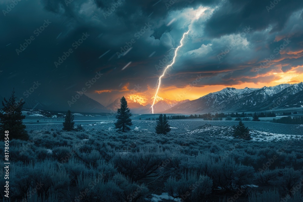 Poster powerful lightning bolt striking through dramatic cloudy sky. suitable for weather and natural disas