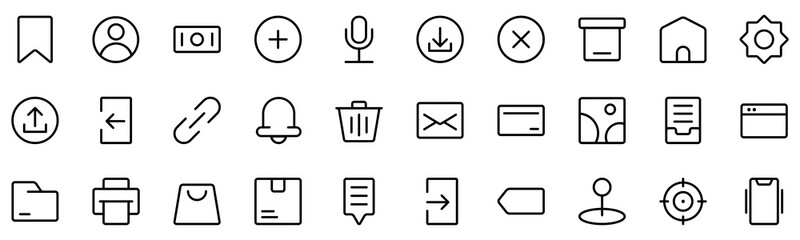 Collection of Basic Interface Related Vector Line Icons. Contains Icons like Folder, Picture, Location, Delete and more. Editable stroke. 48x48 pixels