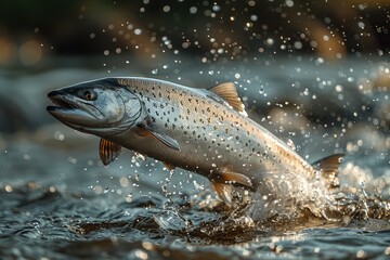Sturgeon fish leaping out of a river, symbolizing conservation efforts. 