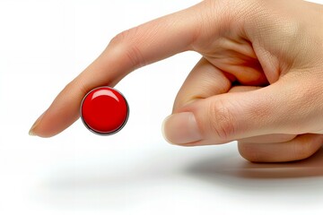 Someone is holding a red button on a white surface