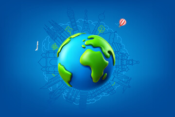 World travel concept with the Earth and sights. 3d vector illustration