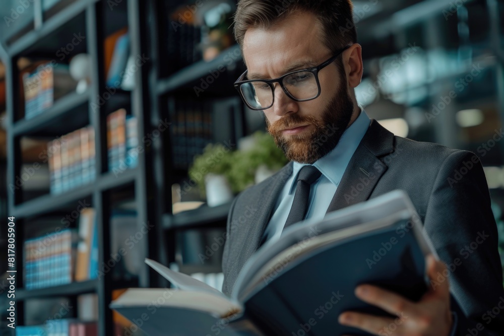 Aufkleber a man sitting and reading a book in a library. suitable for educational and academic concepts