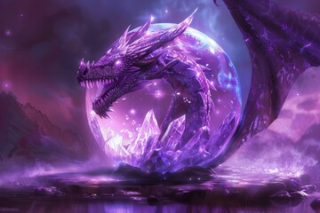 Obraz premium Purple dragon holding crystal ball with glowing eyes