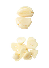 Top view set of fresh peeled pounded garlic cloves with slices in stack isolated on white background with clipping path