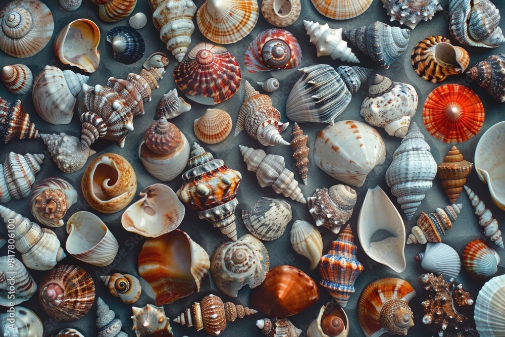 Poster Various types of shells displayed on a table. Suitable for travel or beach-themed projects