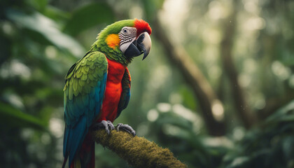 Naklejka premium portrait of A vibrant parrot perched amidst the dense rainforest, echoing calls of the wild 
