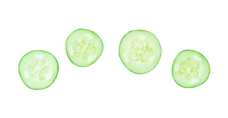Top view set of fresh green cucumber slices or pieces scattering isolated on white background with...
