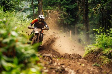 Naklejka premium A motocross rider in protective gear navigating a dirt trail in a lush forest, kicking up mud and dirt as they ride at high speed.