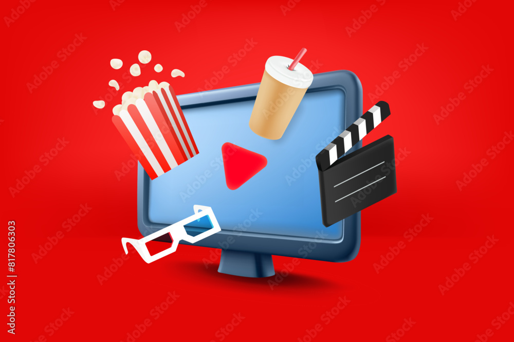 Poster video entertainment concept with lcd monitor. 3d vector illustration