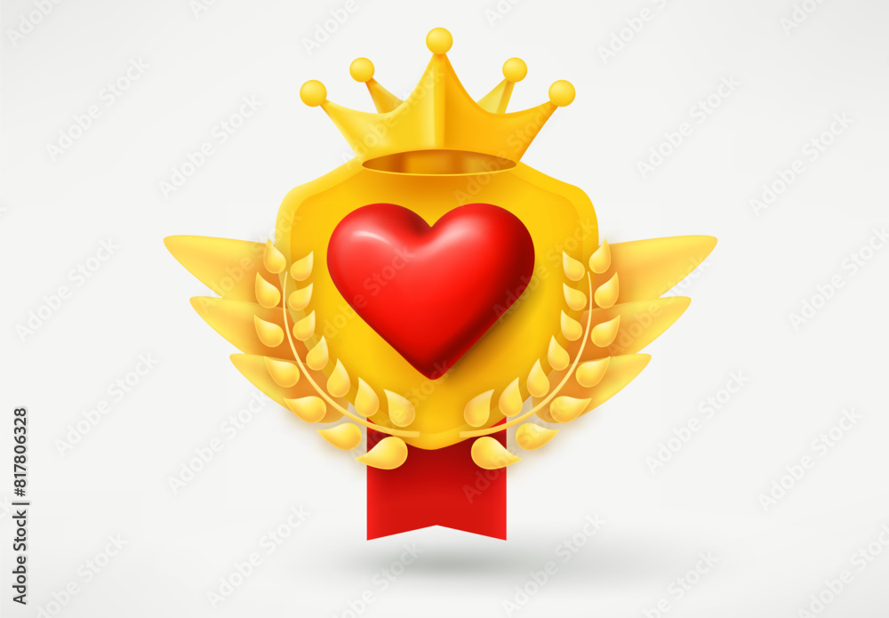 Poster golden emblem with red heart and wreath. game achievement 3d badge isolated on white background