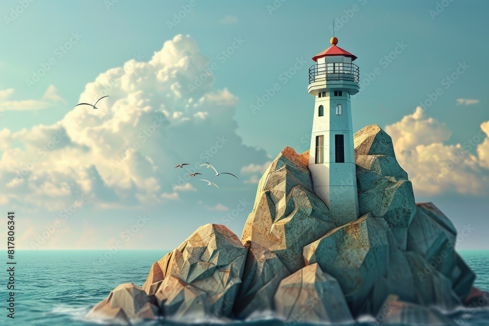 Poster A picturesque lighthouse standing on a rocky outcrop in the middle of the vast ocean. Ideal for maritime and navigation concepts