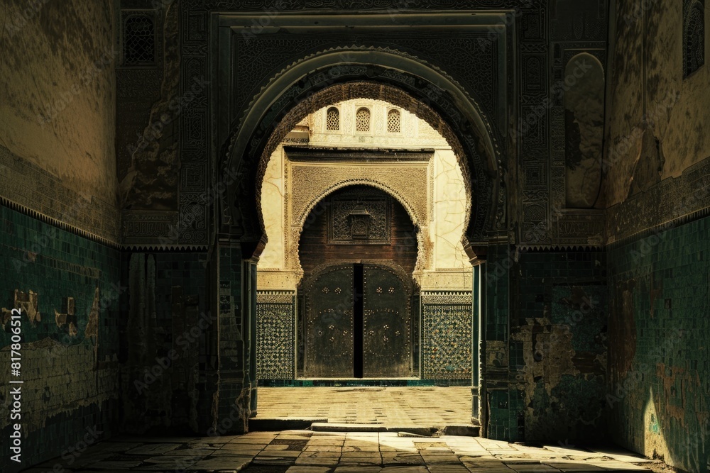 Poster A doorway in a building with a tiled floor. Suitable for architectural and interior design concepts