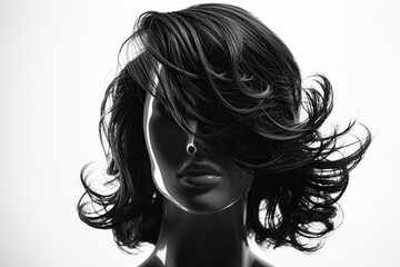 Fototapeta premium Front view of black wig on mannequin head isolated on white background