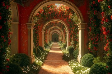 Archway garden with red flowers and sunlight