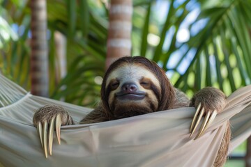 Obraz premium A relaxed sloth lounging in a hammock amid lush green foliage, with a serene expression on its face.
