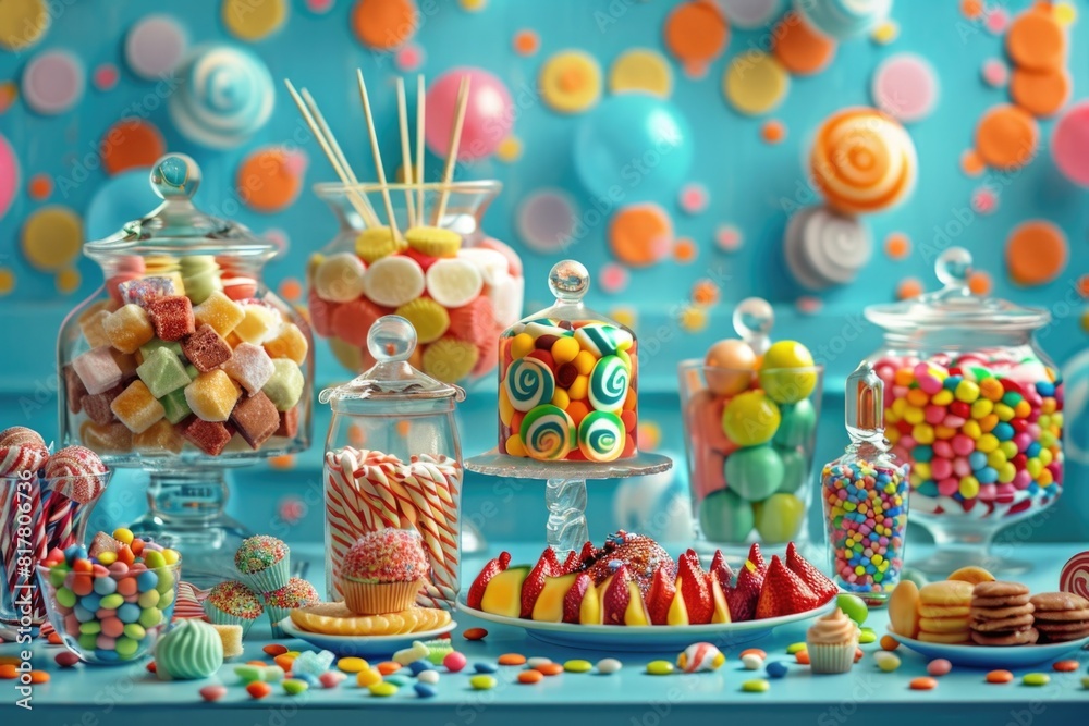 Poster a variety of candies displayed on a table. ideal for party themes or dessert concepts