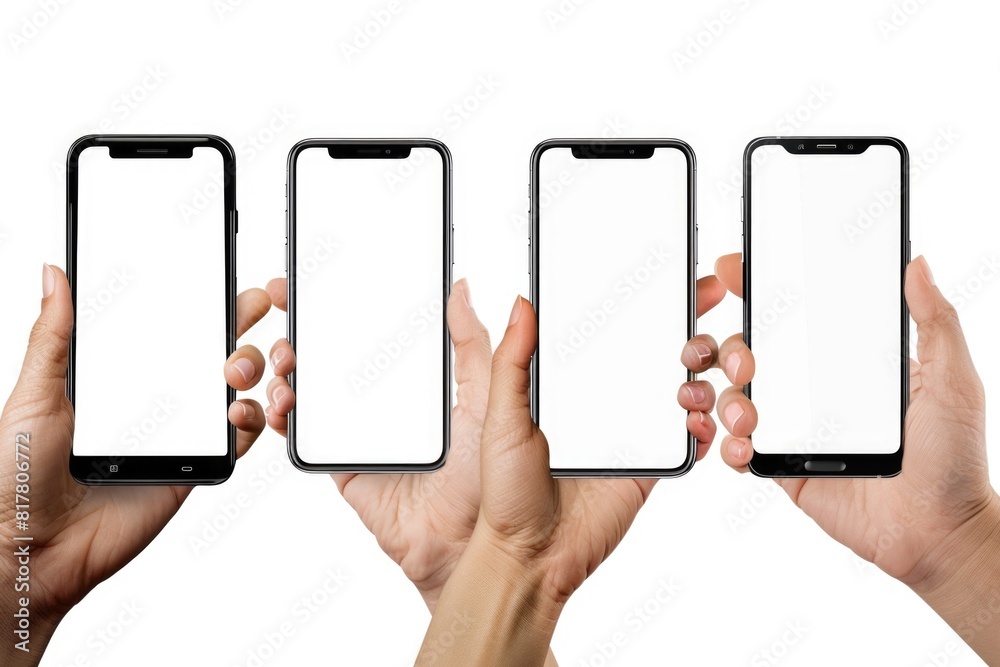 Poster A diverse group of hands holding up three different cell phones. Ideal for technology and communication concepts