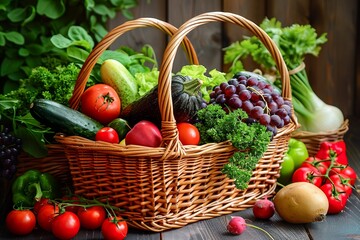 Fresh Organic Vegetables and Fruits in Wicker Baskets