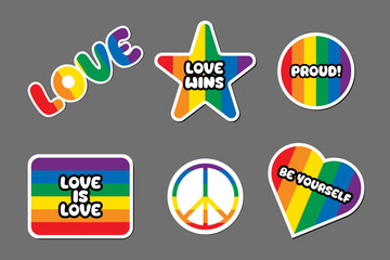 Pride month sticker set collection vector illustration isolated. Rainbow colors and shadow. Gay pride quotes typography design