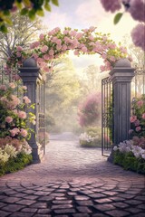 Dreamy garden entrance with a flowering arch