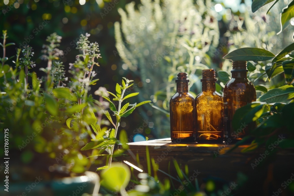 Poster group of bottles on a rustic wooden table, suitable for various projects