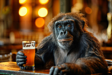 Ape Drinking Beer in Pub with Colorful Lighting
