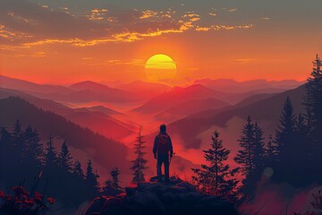 Obraz premium Giraffe standing on a mountain top gazing at the sunset