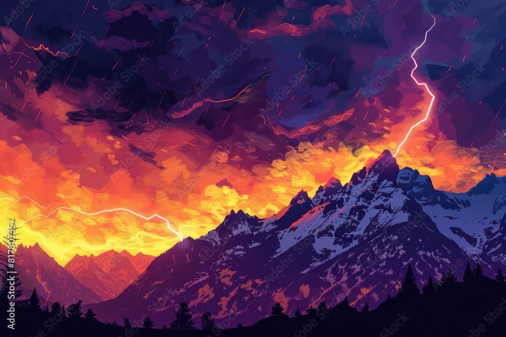 Aufkleber A striking painting of a mountain with lightning. Suitable for various design projects