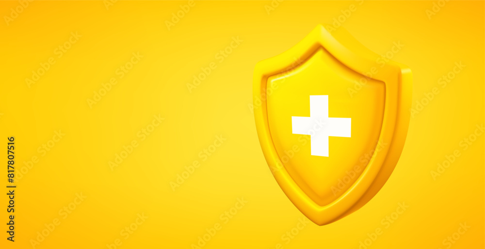 Aufkleber yellow shield with plus sign isolated on yellow background. 3d vector banner with copy space