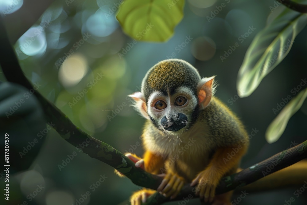 Poster a small monkey perched on a tree branch. ideal for nature and wildlife themes