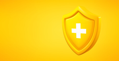 Obraz premium Yellow shield with plus sign isolated on yellow background. 3d vector banner with copy space