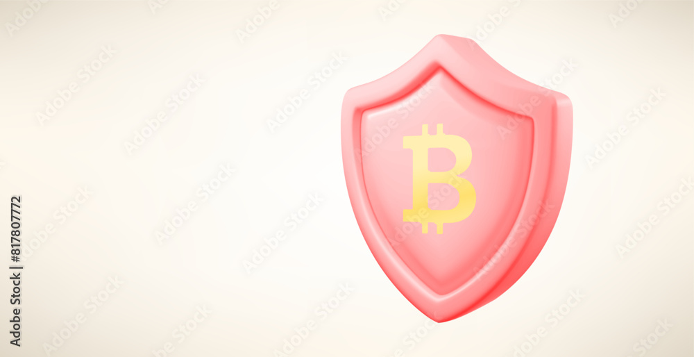Poster metal shield with bitcoin sign isolated on white background. 3d vector banner with copy space