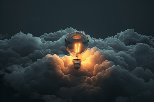 A light bulb in the clouds with a dark backdrop