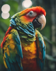 Fototapeta premium portrait of A vibrant parrot perched amidst the dense rainforest, echoing calls of the wild 
