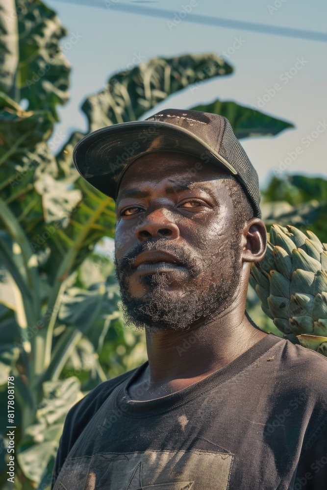 Poster a man standing in front of a bunch of artichokes. suitable for food and agriculture concepts