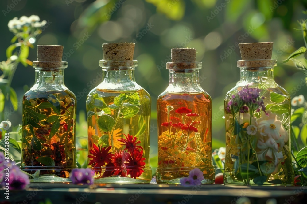 Poster various types of flowers in bottles, ideal for botanical themes