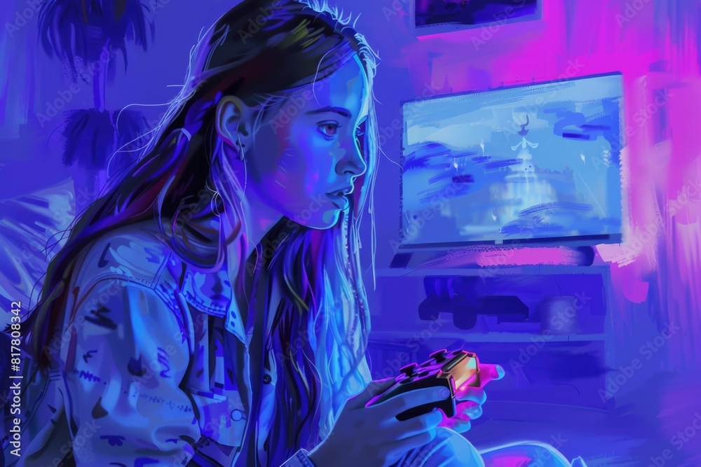 Poster girl sitting in front of a tv with a remote control. suitable for technology and entertainment conce
