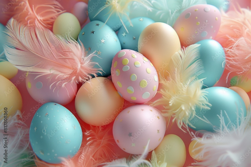 Poster close up of a bunch of eggs with feathers. ideal for food and nature concepts