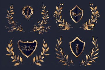 Fototapeta premium A set of golden shields and laurels, perfect for awards and achievements