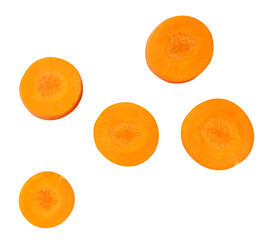 Top view set of fresh beautiful orange carrot slices or pieces scattering isolated on white background with clipping path
