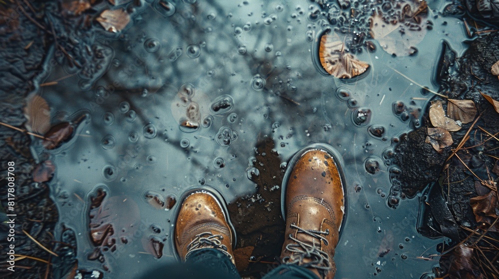 Poster a person standing in a puddle of water. suitable for environmental concepts