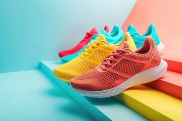 A row of colorful running shoes displayed on a shelf. Perfect for sports and fitness themes