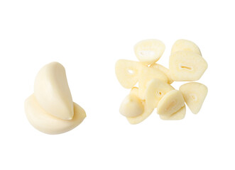 Top view set of fresh peeled garlic cloves with slices in stack isolated on white background with clipping path