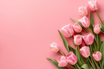 Beautiful pink tulips bouquet on a soft pink background. Perfect for springtime or feminine themes