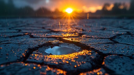 Sunset dry cracked earth with rain