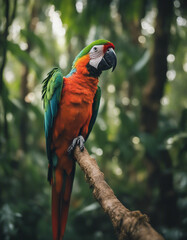 portrait of A vibrant parrot perched amidst the dense rainforest, echoing calls of the wild
