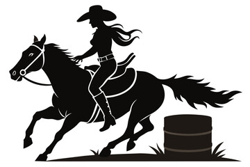 A vector silhouette of a rodeo cowgirl barrel racing design