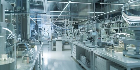 A scientific lab filled with a variety of laboratory equipment. Ideal for educational or research...