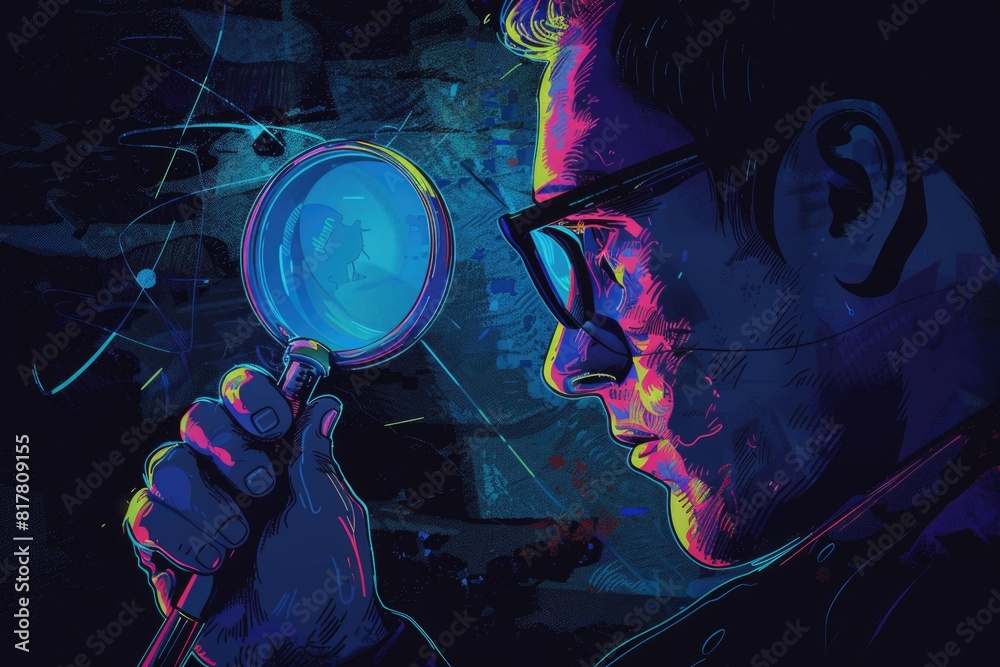 Poster a man examining something closely with a magnifying glass. suitable for scientific and detective con