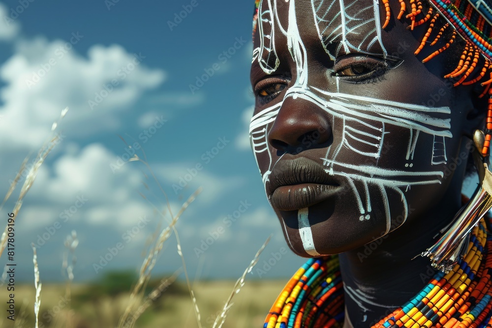 Poster Close-up of a person with a painted face. Suitable for artistic projects
